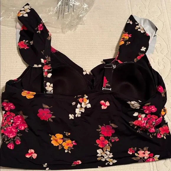 Land's End ruffle V-neck plus size black meadow floral midkini top adjust 18W - Picture 7 of 7